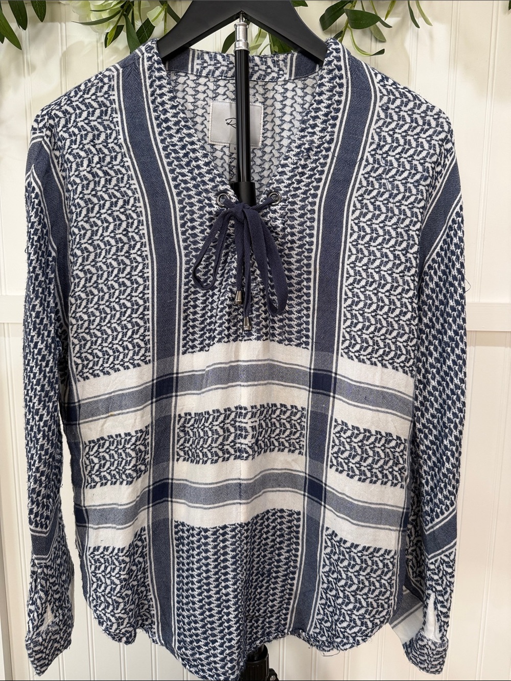 #955 RAILS Finley Navy and White Patterned Grommet Lace-Up Boho Top